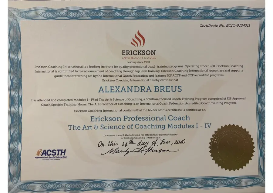 Золотой сертификат Erickson Professional Coach Александры Бреус